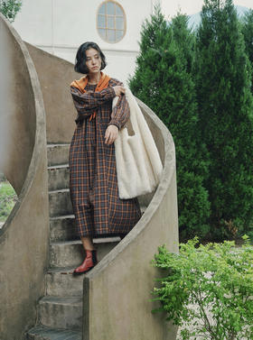 [特价] 德国色织橙蓝格纹 复古宽松罩衫式领扣连衣裙