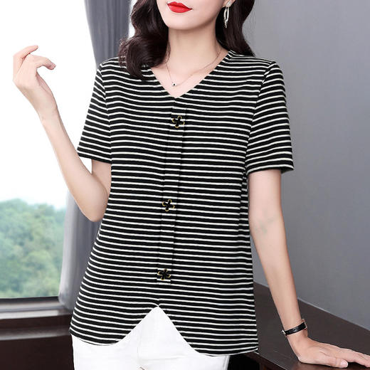 夏季2025新款V领短袖t恤女洋气条纹大码女装休闲女士上衣宽松体恤 商品图3