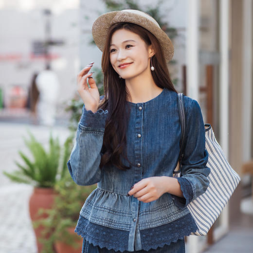 【林栖设计小店】【草木丹宁】牛仔外套渐变蕾丝收腰2026早春新款上衣女1961116 商品图0