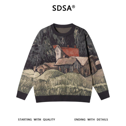 88105SDSA男士秋冬新款痞帅男装时尚彩绘房子提花圆领毛衣百搭宽松上衣 商品图1