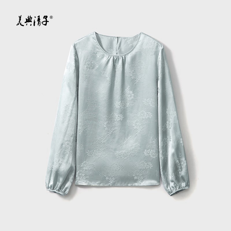 2026春桑蚕丝花罗圆领灯笼袖长袖套头上衣