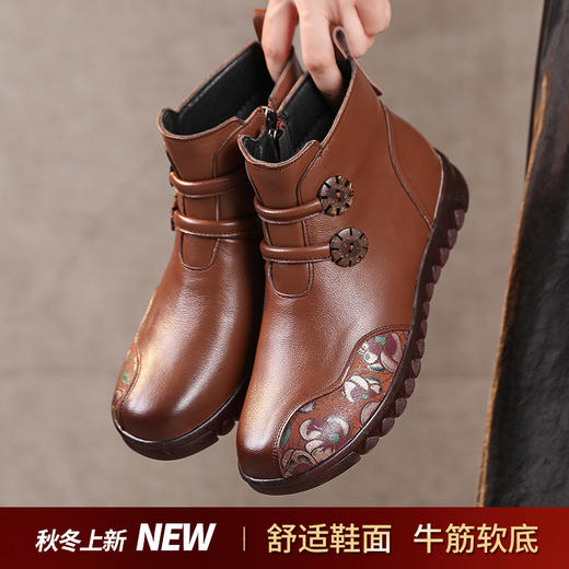 丁摩 真皮软底妈妈棉鞋冬季加绒保暖民族风短靴防滑印花复古女鞋5ZF-930 商品图0