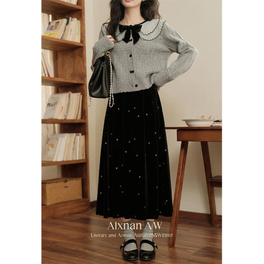 鹿向南「夜幕流星」百搭丝绒波点半身裙女秋冬高腰垂感A字长裙子 商品图1