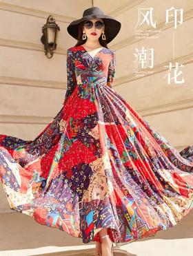 「断码清仓」波西米亚长裙到脚踝超长雪纺连衣裙 L码 ZFYY009