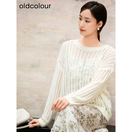 oldcolour欧珂商场同款纯色圆领镂空休闲长袖套头衫女Q130511A1 商品图3