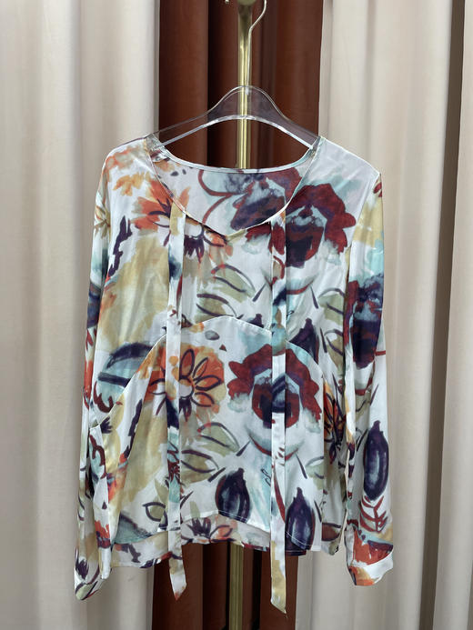 「断码清仓」真丝飘带水彩印花气质衬衫  L码 ZFYY074 商品图0