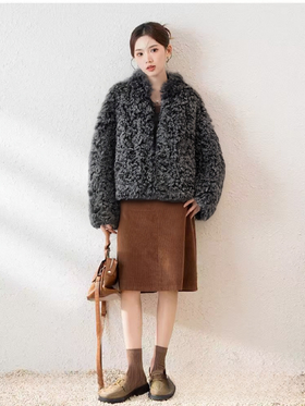【环保皮草】P04立领卷卷毛皮毛一体秋冬大衣外套-喜出