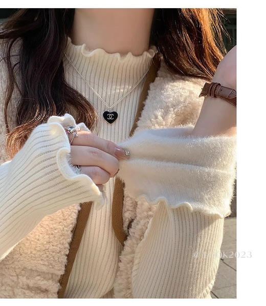 保暖显瘦不臃肿 秋季热卖 加绒款木耳边半高领一体绒毛衣女秋冬季新款内搭打底衫加绒加厚针织衫 商品图2