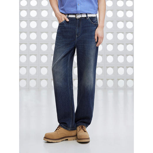 GXG男装 宽松直筒复古深色水洗牛仔裤休闲弹力长裤子2025夏季新品 商品图2