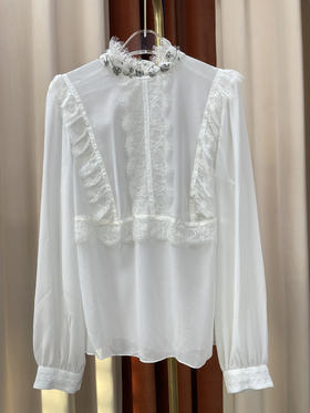 「断码清仓」宫廷风立领钉珠拼接真丝衬衫 L码 ZFYY065
