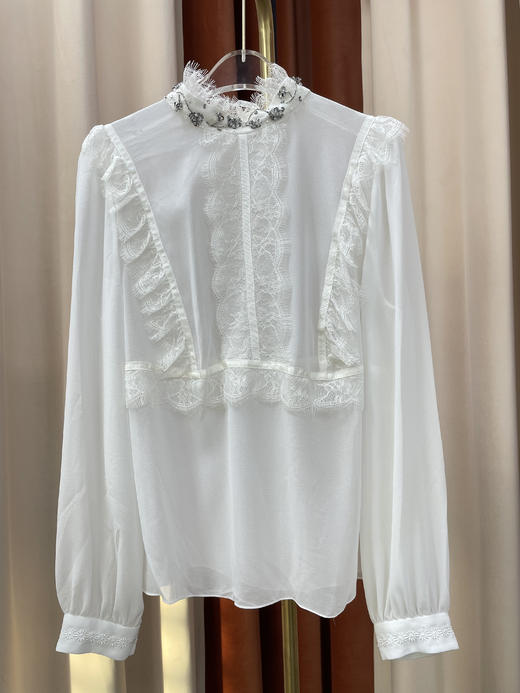 「断码清仓」宫廷风立领钉珠拼接真丝衬衫 L码 ZFYY065 商品图0