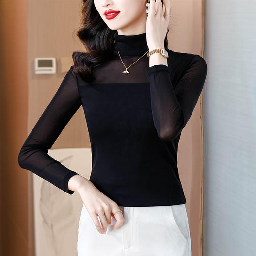 KQL C302N1698加绒加厚修身显瘦高领时尚网纱拼接洋气打底衫 商品图1