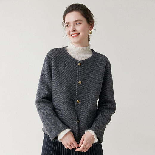 丁摩 圆领短款双面呢羊毛大衣女秋冬新款小香风单排扣外套BN0710 商品图2