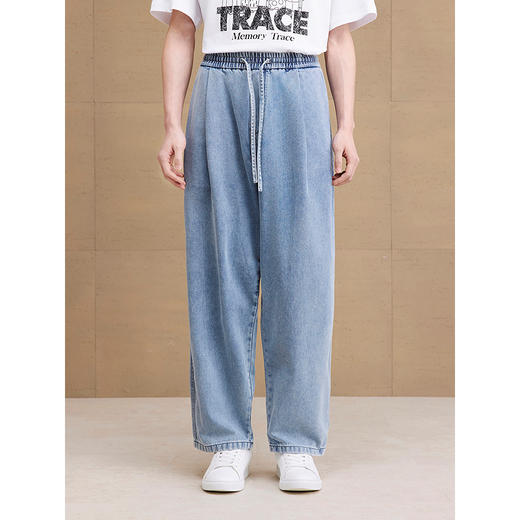 GXG男装 宽松直筒松紧腰褶皱设计牛仔裤休闲裤长裤子2025夏季新品 商品图4