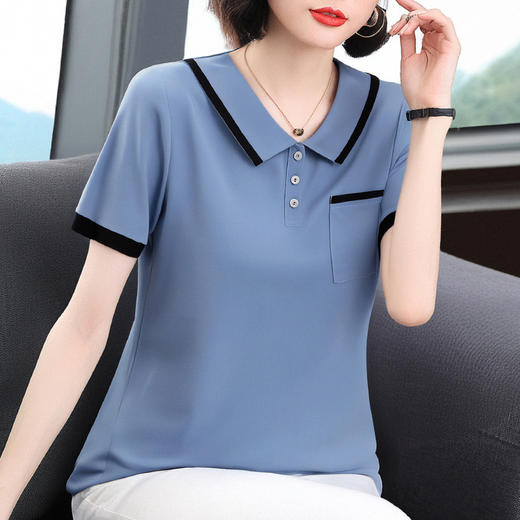 芳妮诗2025夏季新款大码女士T恤胖mm宽松翻领短袖减龄娃娃领上衣 商品图0