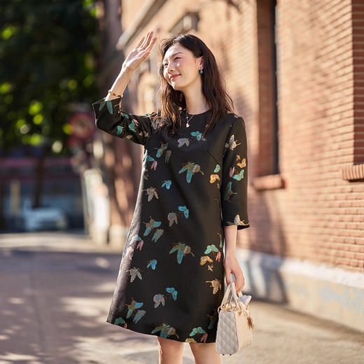 丁摩 76004新款轻奢织金螺钿晴春蝶戏圆领丝毛连衣裙七分袖早秋5ZF-11109 商品图0