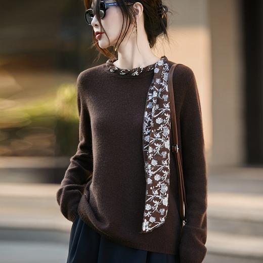 丁摩 蝴蝶结针织衫女新款流行丝巾精纺100羊毛针织打底衫BN860 商品图3