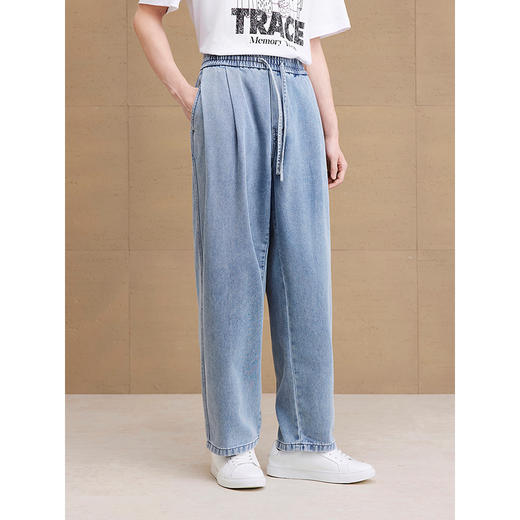 GXG男装 宽松直筒松紧腰褶皱设计牛仔裤休闲裤长裤子2025夏季新品 商品图2