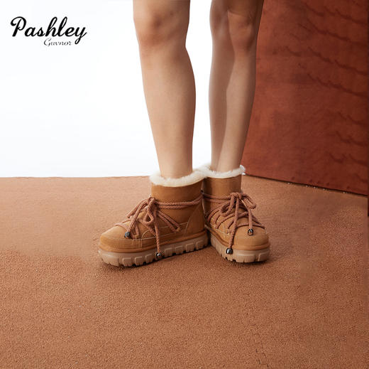 【梅花出品】帕奢利中帮系带羊皮毛一体雪地靴HZ0024P 商品图3