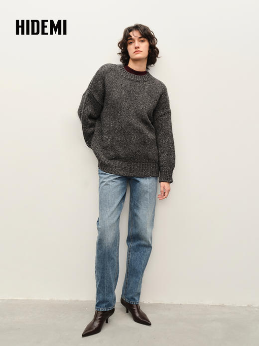HIDEMI 极简大廓形圆领粗棒针羊驼毛羊毛混纺花纱宽松慵懒毛衣 商品图2