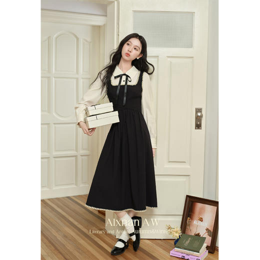 鹿向南「秋水煮茶」假两件学院风衬衫翻领连衣裙冬季款气质裙子女 商品图0