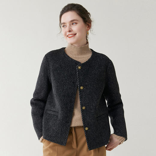 丁摩 圆领短款双面呢羊毛大衣女秋冬新款小香风单排扣外套BN0710 商品图3