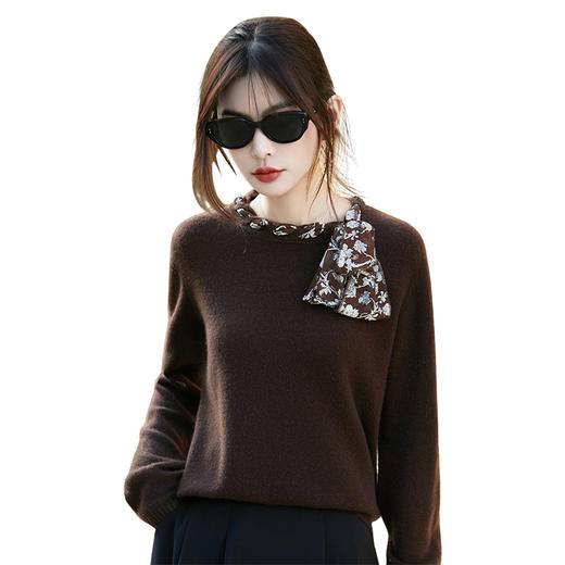丁摩 蝴蝶结针织衫女新款流行丝巾精纺100羊毛针织打底衫BN860 商品图4