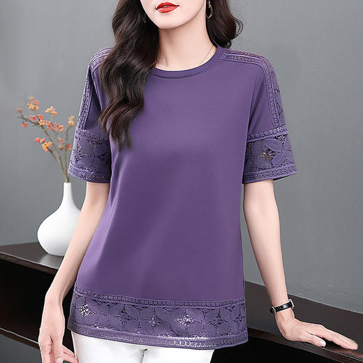 圆领短袖女t恤夏季2025新款胖mm大码女装宽松紫色女士上衣高级感 商品图3