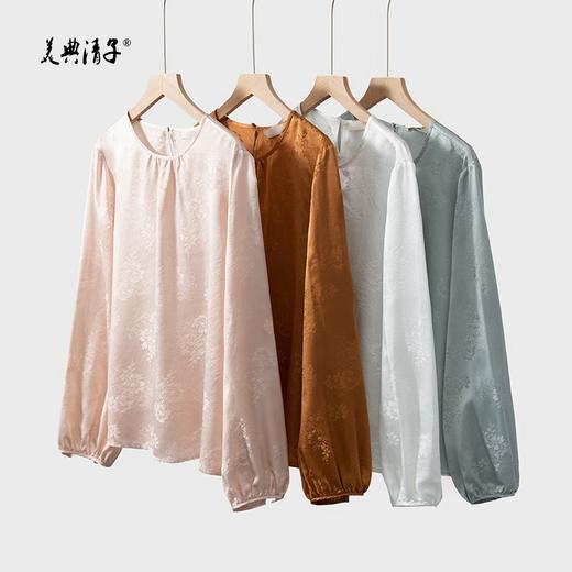 2026春桑蚕丝花罗圆领灯笼袖长袖套头上衣 商品图2