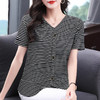 夏季2025新款V领短袖t恤女洋气条纹大码女装休闲女士上衣宽松体恤 商品缩略图4