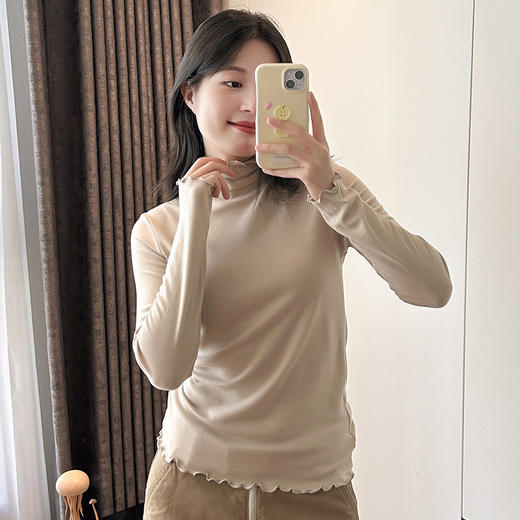 官网499！U家秋冬羊毛双面磨毛保暖可外穿打底衫上衣木耳边堆堆高领内搭长袖女 商品图1