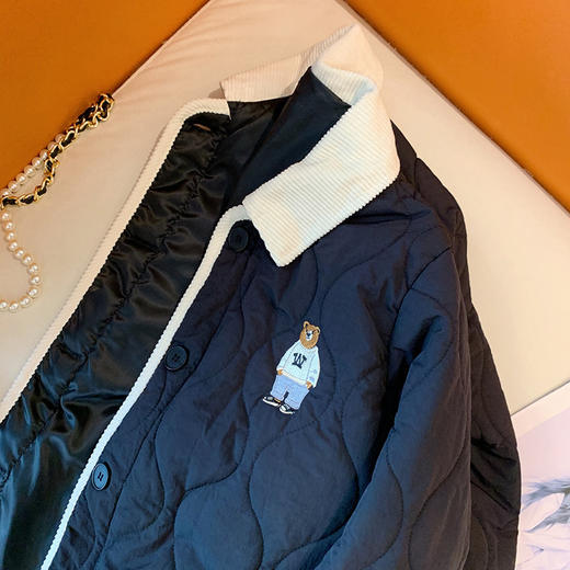 丁摩 美式复古小熊刺绣撞色包边棉服女冬季时尚菱格宽松加厚翻领外套5ZF-11108 商品图2