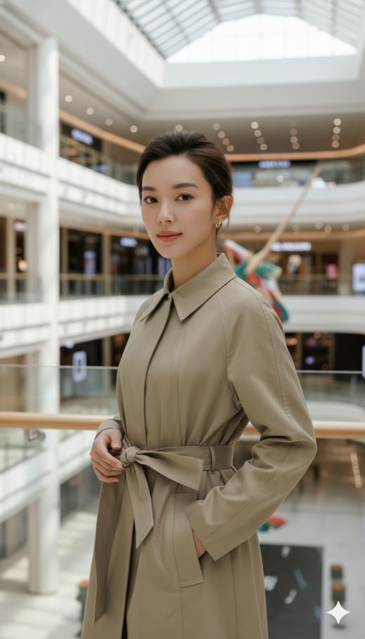 插肩袖多分割珠边明线小翻领A摆腰带中长风衣 商品图2