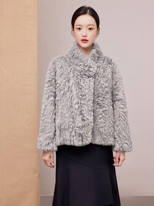 【环保皮草】P09立领灰色剪花皮毛一体秋冬大衣外套-喜出 商品图0