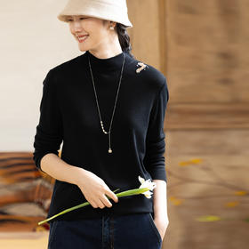 牧衣游原创 手工刺绣佰分佰羊毛T恤软糯简约打底百搭上衣 云舒外