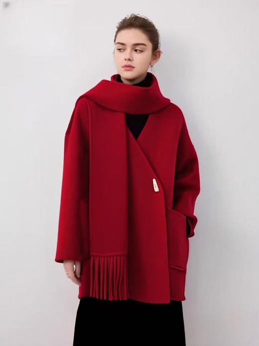 赠送围巾🧣（轻奢双面尼】2524-01（羊毛➕天丝）韩版牛角扣围巾款双面尼中款大衣外套-喜出 商品图1