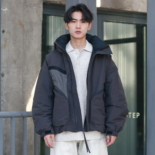 DRONKOO 2025 连帽右织带网布左袋盖织带洗水做旧工装风短款厚羽绒服 商品图0