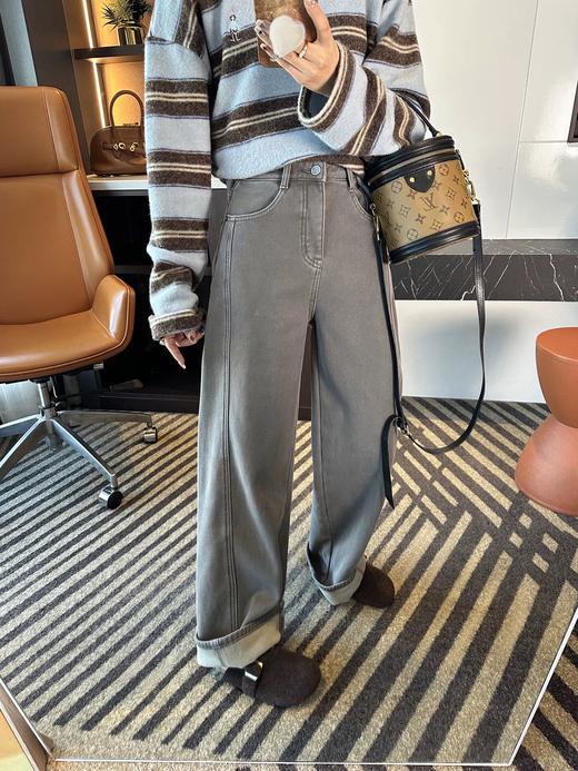 加绒牛仔裤比例分割线！~7密密绒拖地牛仔裤女秋冬新6款加绒宽松直筒阔腿裤 商品图1