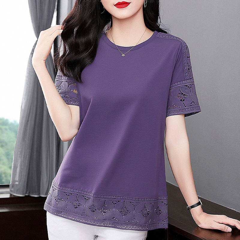 圆领短袖女t恤夏季2025新款胖mm大码女装宽松紫色女士上衣高级感