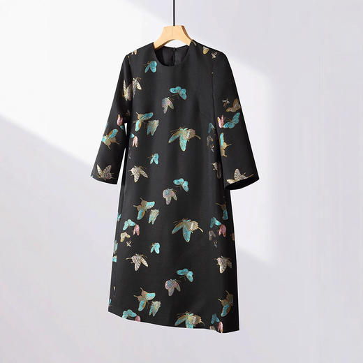 丁摩 76004新款轻奢织金螺钿晴春蝶戏圆领丝毛连衣裙七分袖早秋5ZF-11109 商品图4