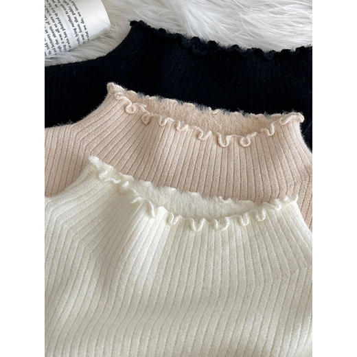 保暖显瘦不臃肿 秋季热卖 加绒款木耳边半高领一体绒毛衣女秋冬季新款内搭打底衫加绒加厚针织衫 商品图5