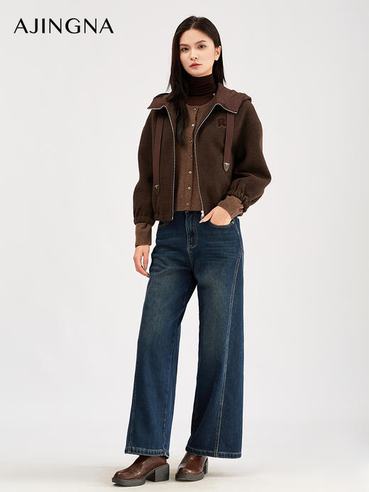 【商场同款】阿菁娜冬季新款轻户外羊毛外套绵羊绒混抽绳连帽立体帽型防风保暖外套A30D511111 商品图5