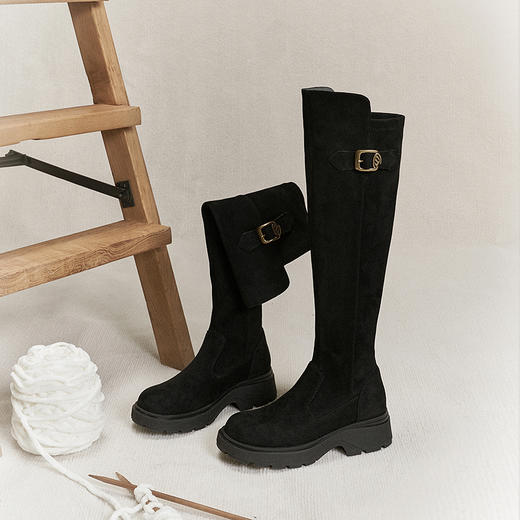 千百度厚底弹力靴女袜靴显瘦增高瘦瘦靴骑士靴长靴子A25506608 商品图1