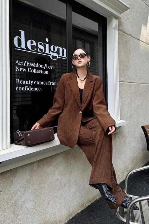 ESTELLICA 经典咖色灯芯绒气质西装阔腿裤套装 21272 商品图1