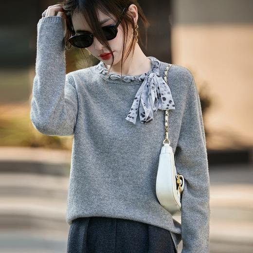 丁摩 蝴蝶结针织衫女新款流行丝巾精纺100羊毛针织打底衫BN860 商品图2