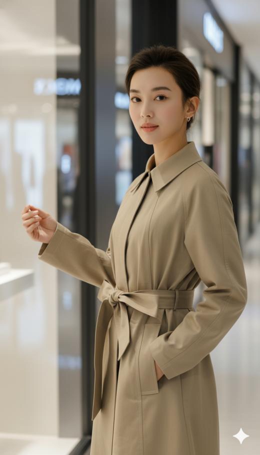 插肩袖多分割珠边明线小翻领A摆腰带中长风衣 商品图3