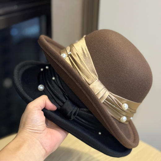 丁摩 新款卷边，珍珠礼帽盆帽复古赫本风小沿渔夫帽高档名媛毛呢帽5ZF-11102 商品图0