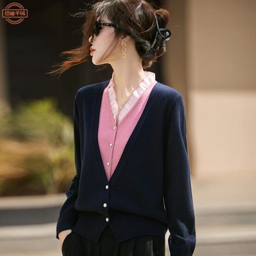 丁摩 假两件针织开衫女秋冬新款V领蕾丝拼接上衣5203 商品图0