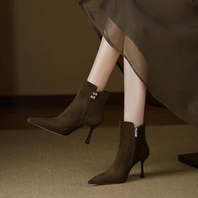 【预售5天】法式尖头细跟时装短靴女秋冬新款真皮磨砂气质高跟瘦瘦靴裸靴FDJ&YC-579