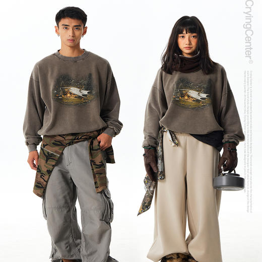 CryingCenter 抓绒水洗篝火帐篷野营复古圆领卫衣 男女款哭喊中心 商品图1